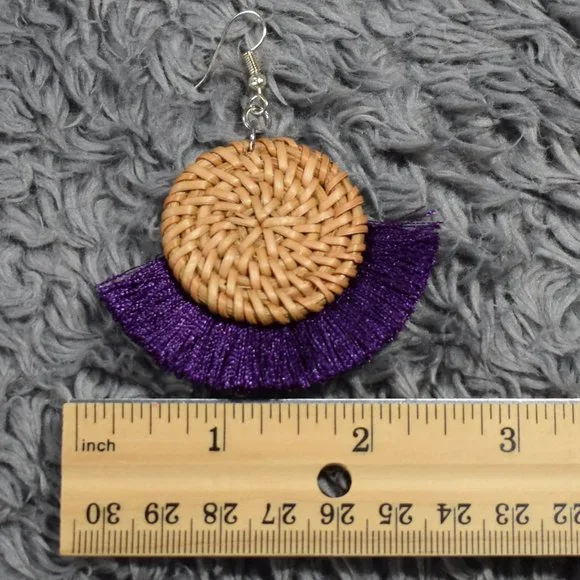 Boho Purple and Wicker Woven Earrings - Picture 5 of 7
